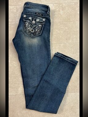 Miss Me Girl's Skinny Jeans Size 12 Dark Wash Embroidered Pockets Angel Wings